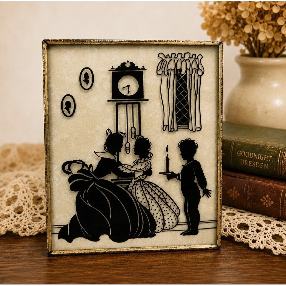 Vintage Reverse Painted Silhouette Glass Wall Plaque Victorian Family Scene